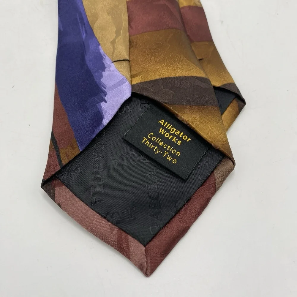 2003 J Garcia‎ Mens Satin 100% Silk Alligator Works Neck Tie Brown Red Gold